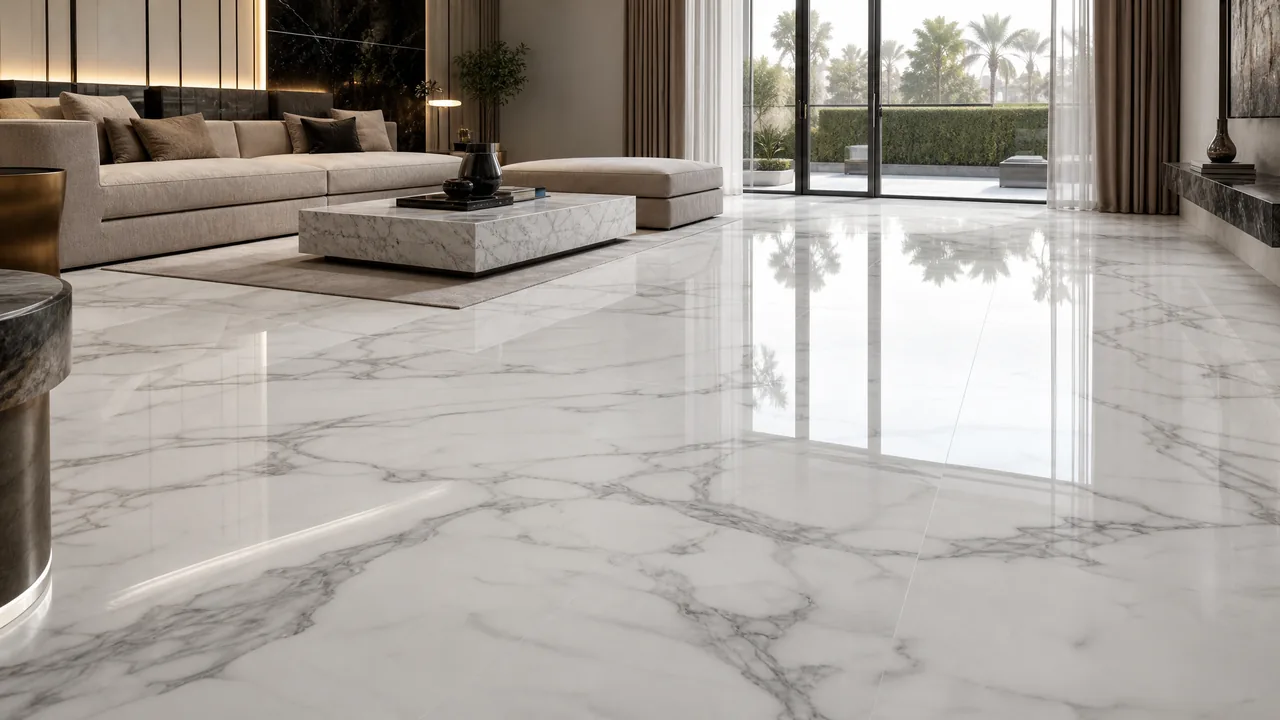 Calacatta Polishing in Emirates Hills mansion, UAE — real MarblePro project — after MarblePro polishing
