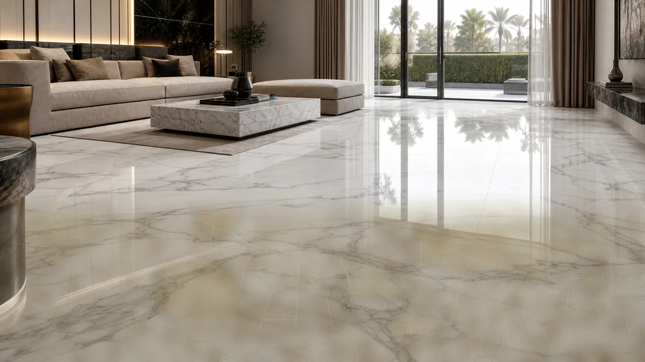 Calacatta Polishing in Emirates Hills mansion, UAE — real MarblePro project — before polishing