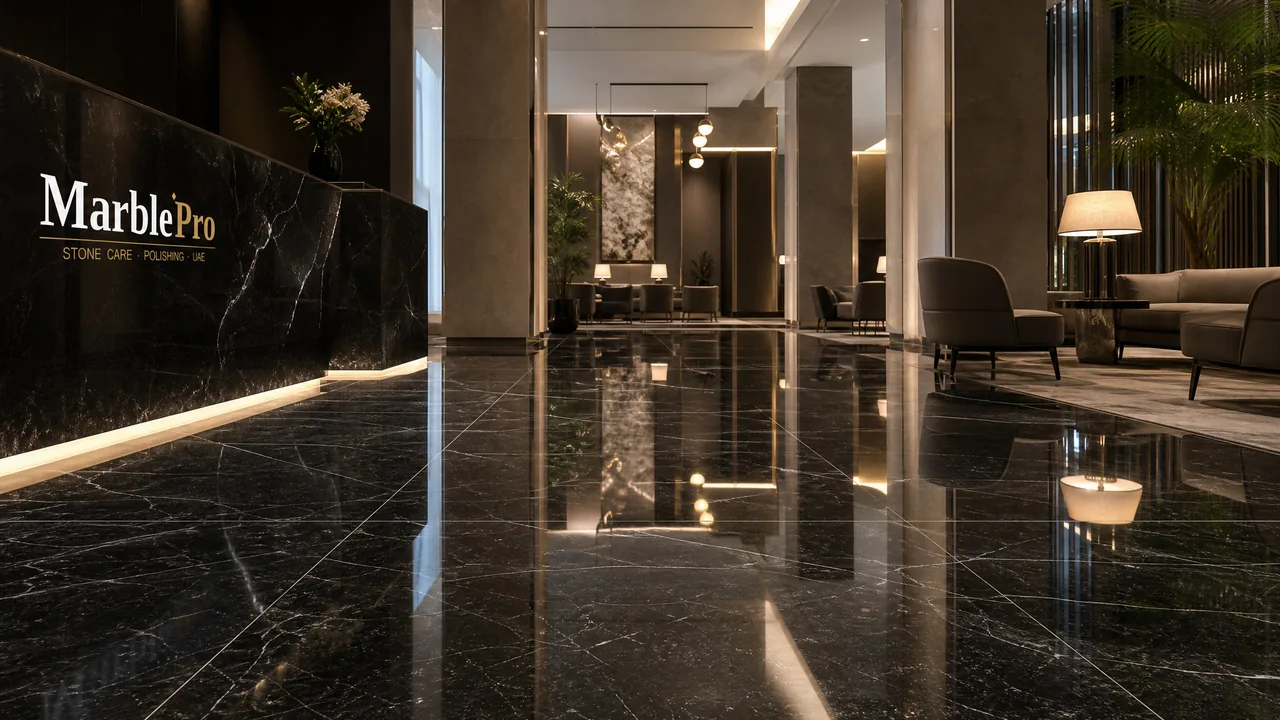Granite Polishing in DIFC reception, UAE — real MarblePro project — after MarblePro polishing