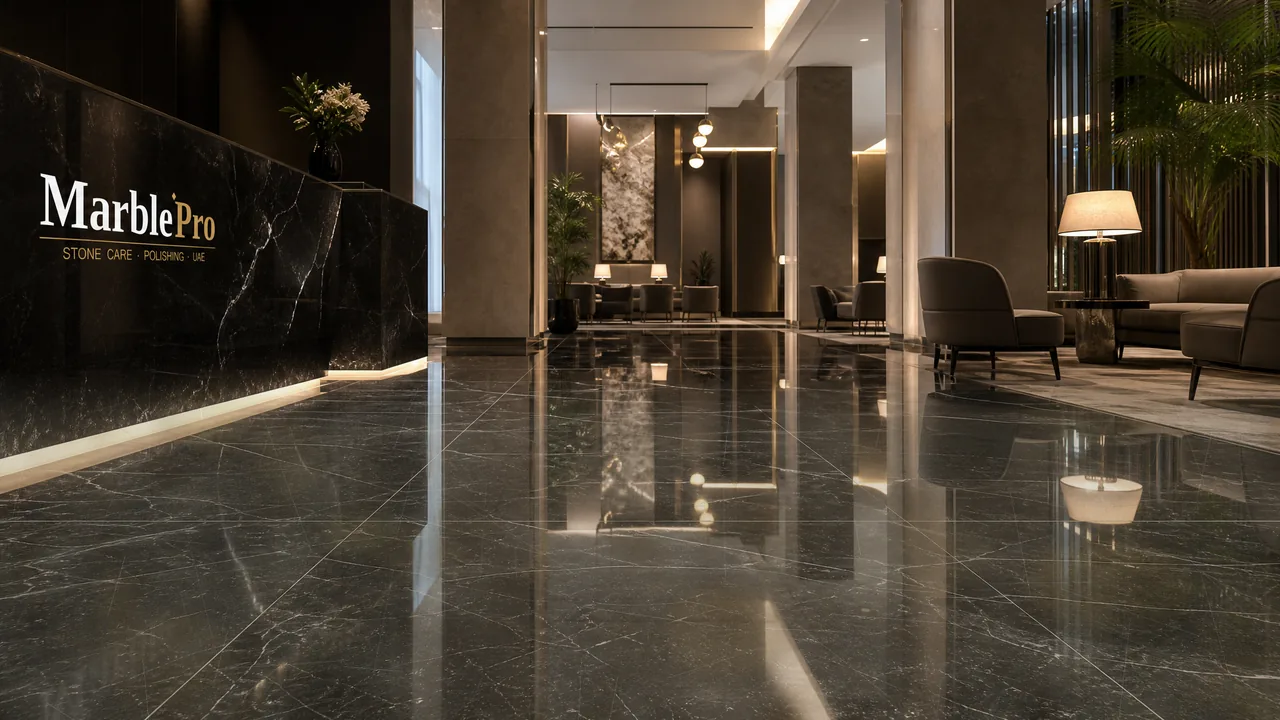 Granite Polishing in DIFC reception, UAE — real MarblePro project — before polishing