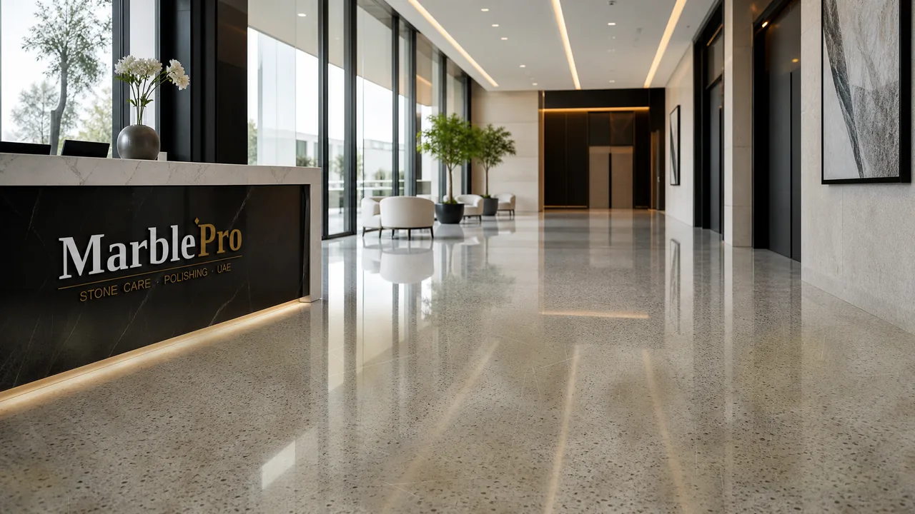 Terrazzo Polishing in Sharjah Corniche, UAE — real MarblePro project — before polishing