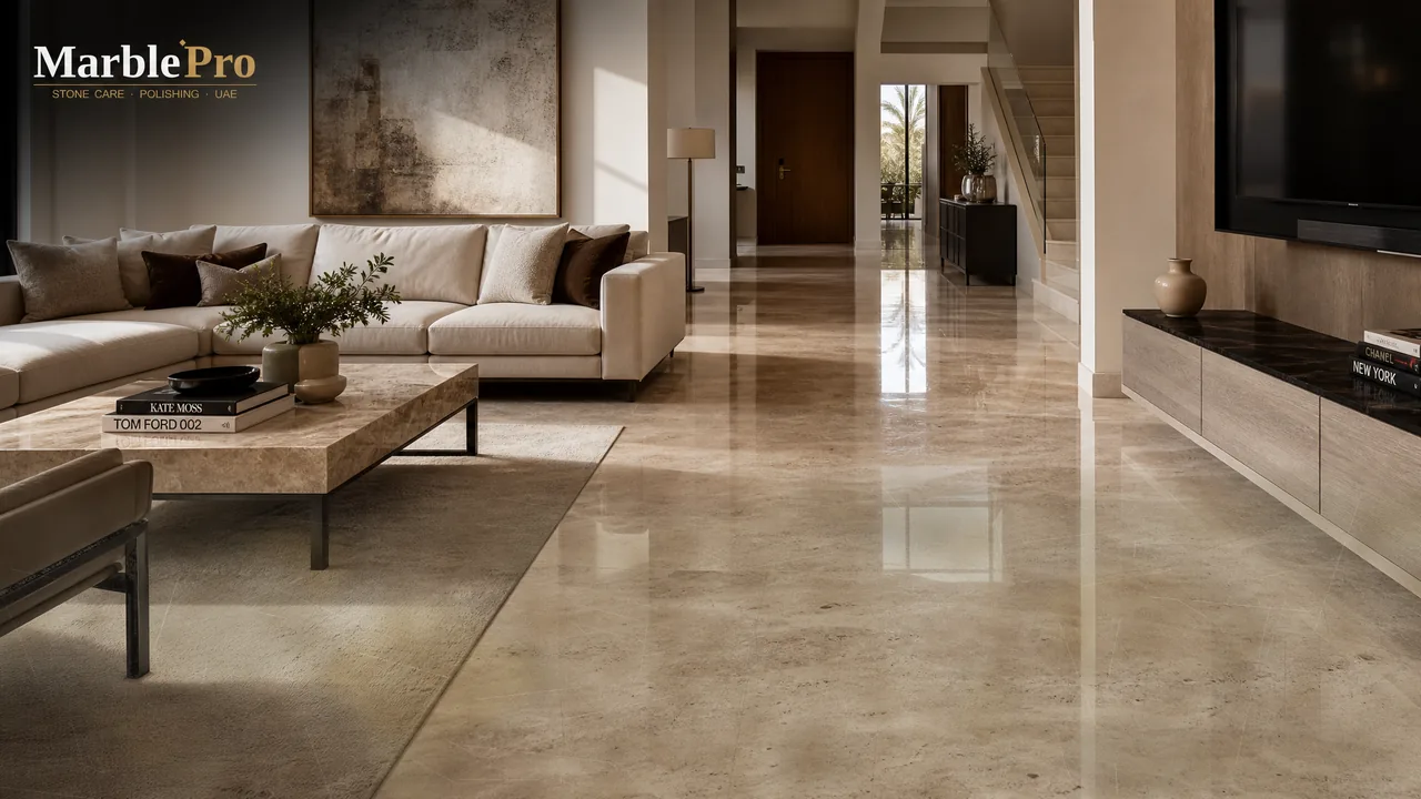 Travertine Polishing in Dubai Marina villa, UAE — real MarblePro project — before polishing